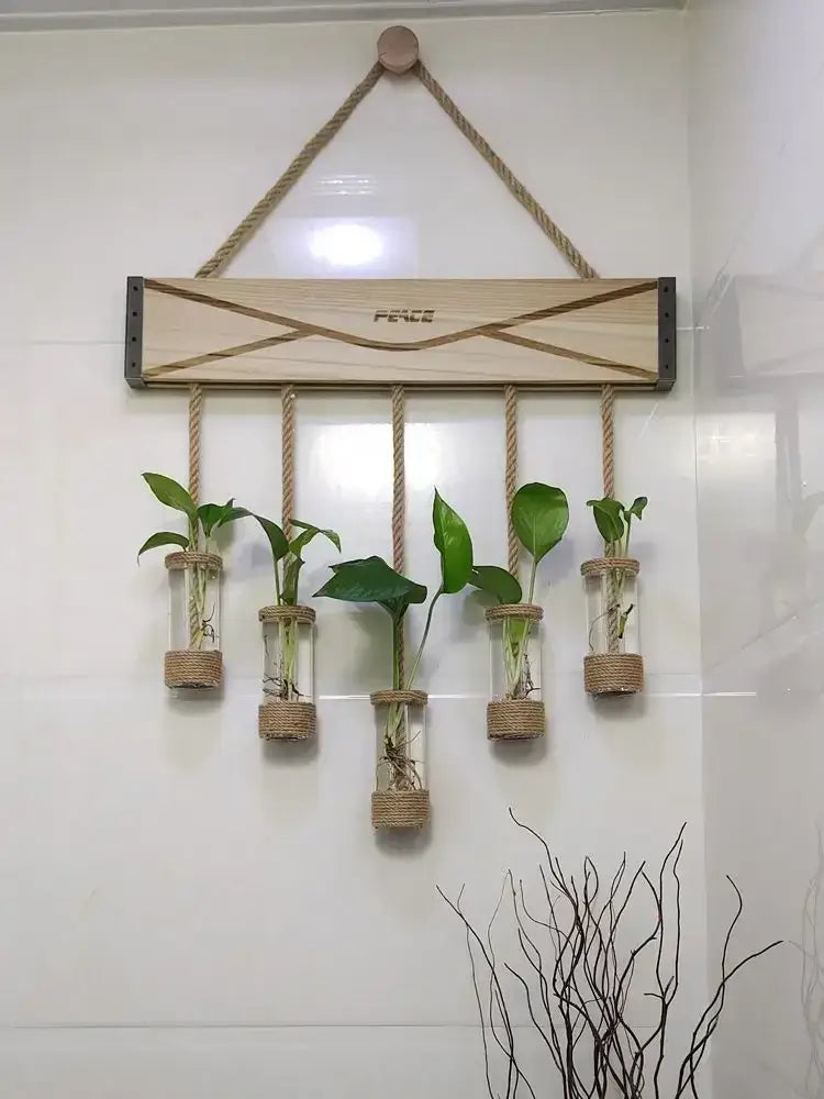 Rustic wood glass planter vase living room wall hanging decor