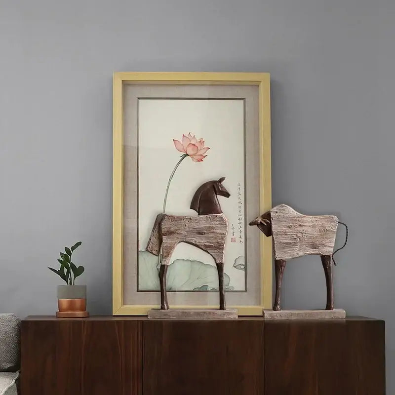 Rustic wood grain horse sculpture living room animal figurine