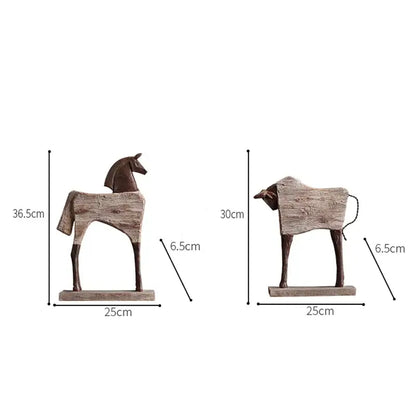 Rustic wood grain horse sculpture living room animal figurine