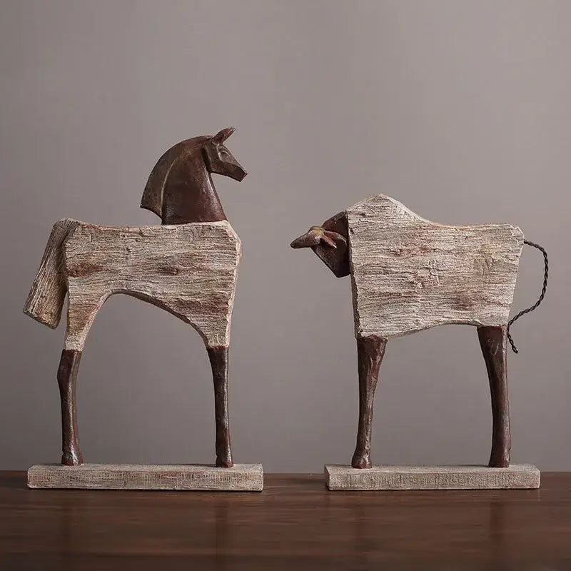 Rustic wood grain horse sculpture living room animal figurine