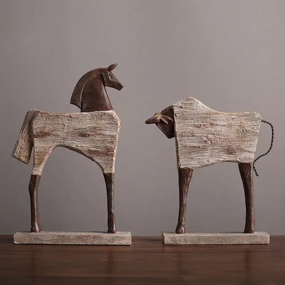 Rustic wood grain horse sculpture living room animal figurine