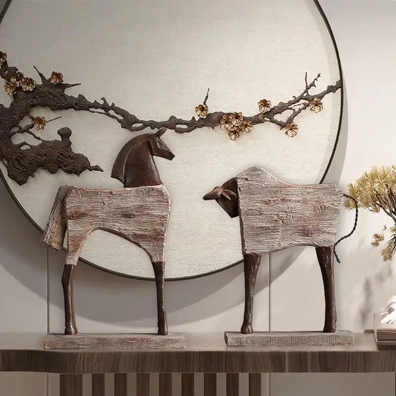 Rustic wood grain horse sculpture living room animal figurine