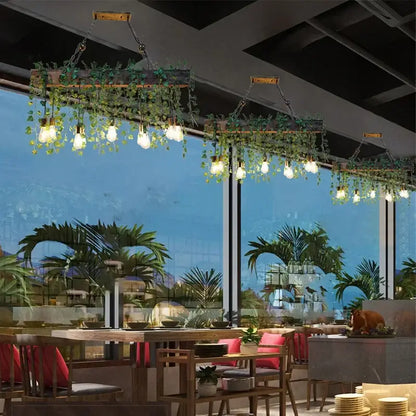 Rustic wood hanging chandeliers dining room planter with edison bulbs