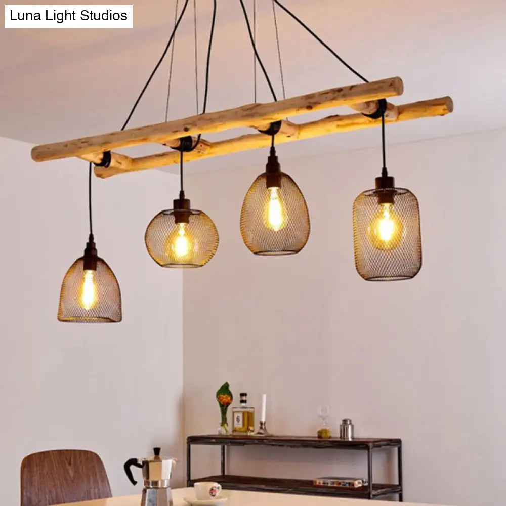 DecorBites™ Rustic Wood Iron Mesh Suspension Lighting - 4-Bulb Dining Room Island Light