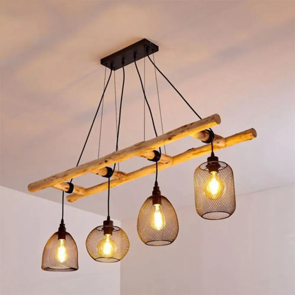 DecorBites™ Rustic Wood Iron Mesh Suspension Lighting - 4-Bulb Dining Room Island Light