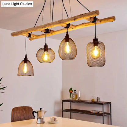 DecorBites™ Rustic Wood Iron Mesh Suspension Lighting - 4-Bulb Dining Room Island Light