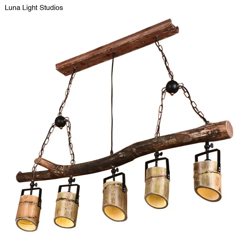 Rustic wood linear island pendant light with brass dining room 5 light