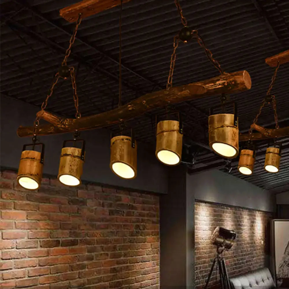 Rustic wood linear island pendant light with brass dining room 5 light