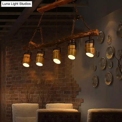 Rustic wood linear island pendant light with brass dining room 5 light