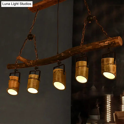 Rustic wood linear island pendant light with brass dining room 5 light