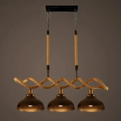 Rustic wooden beam and beige rope 3 light island pendant kitchen light