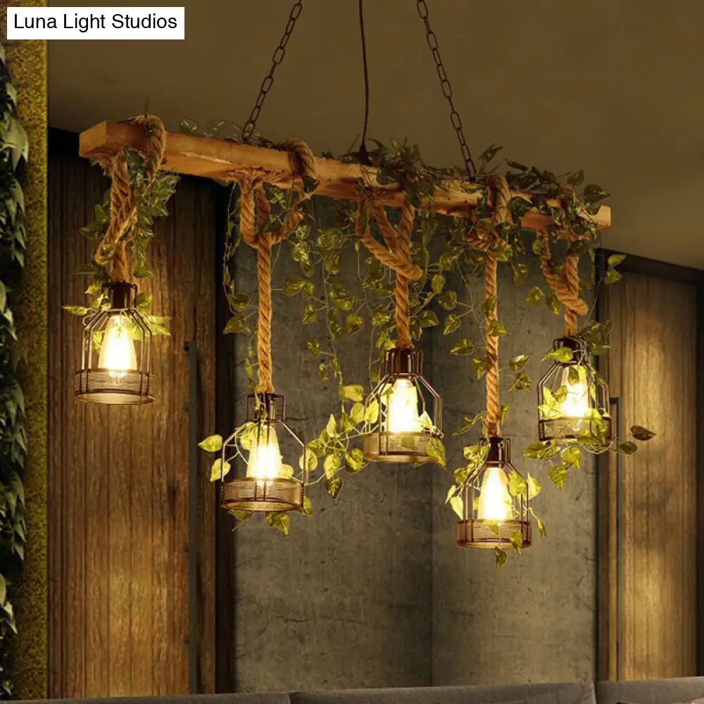 DecorBites™ Rustic Wooden Brown Island Light with 5 Heads, Cage Shade, and Green Art Ivy Pendant