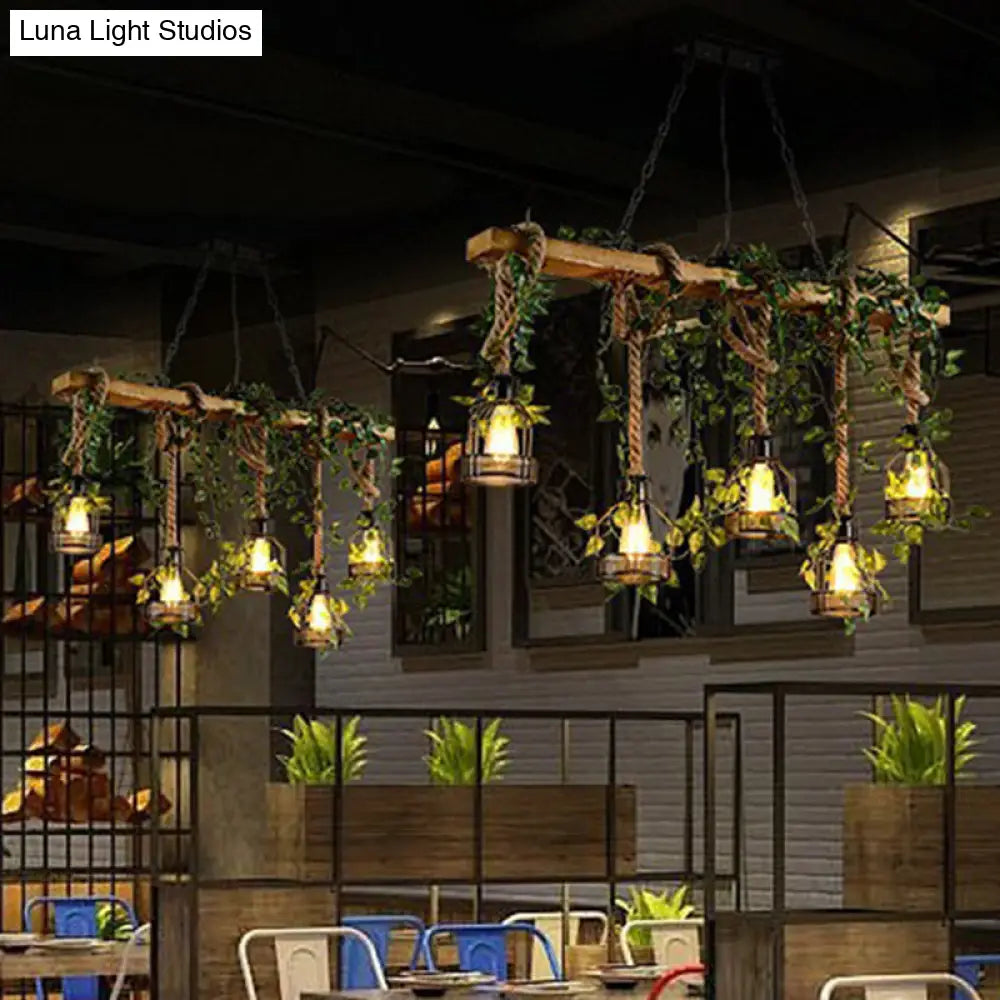 DecorBites™ Rustic Wooden Brown Island Light with 5 Heads, Cage Shade, and Green Art Ivy Pendant