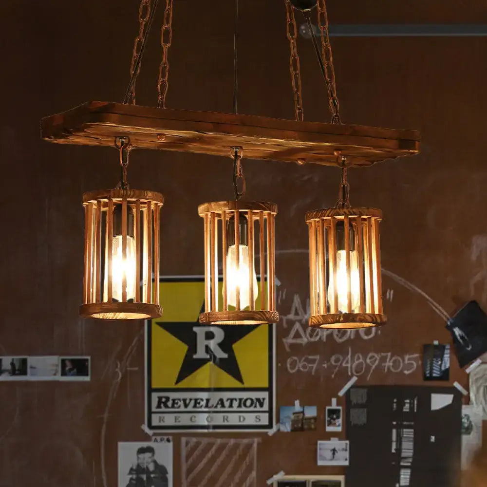 Rustic wooden cylinder kitchen island pendant light with 3 heads