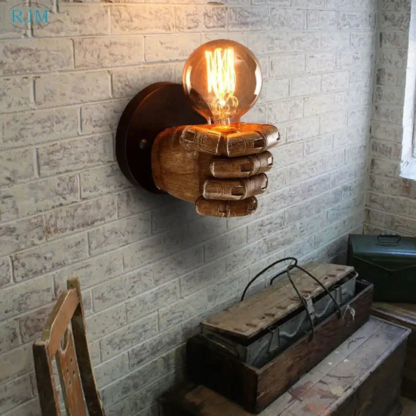 Rustic wooden hand model wall lamp living room vintage light