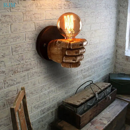 Rustic wooden hand model wall lamp living room vintage light