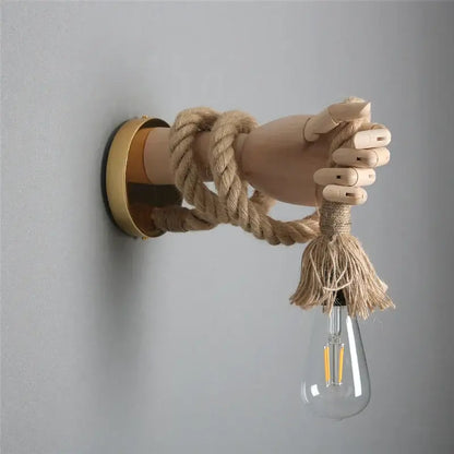 Rustic wooden hand shape hemp rope wall light for restaurant corridor