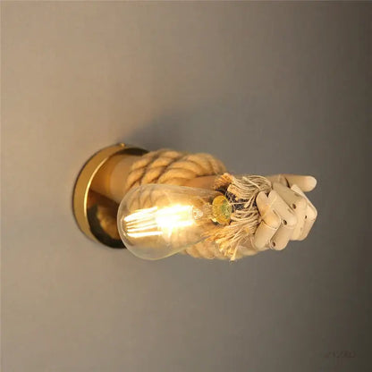 Rustic wooden hand shape hemp rope wall light for restaurant corridor