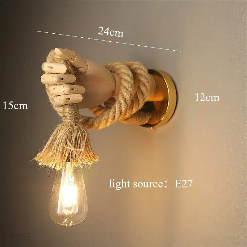 Rustic wooden hand shape hemp rope wall light for restaurant corridor