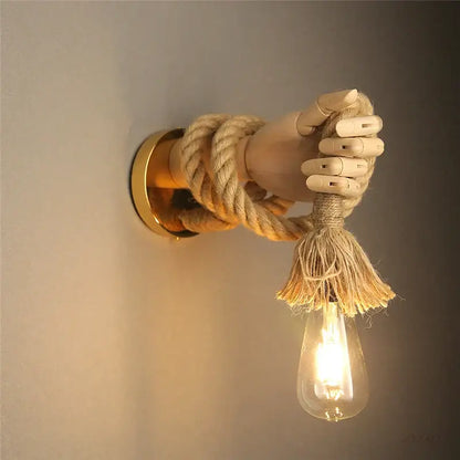 Rustic wooden hand shape hemp rope wall light for restaurant corridor