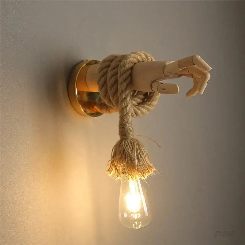 Rustic wooden hand shape hemp rope wall light for restaurant corridor