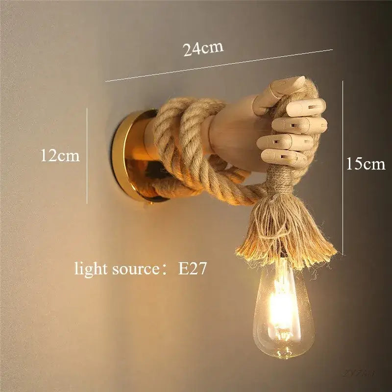 Rustic wooden hand shape hemp rope wall light for restaurant corridor
