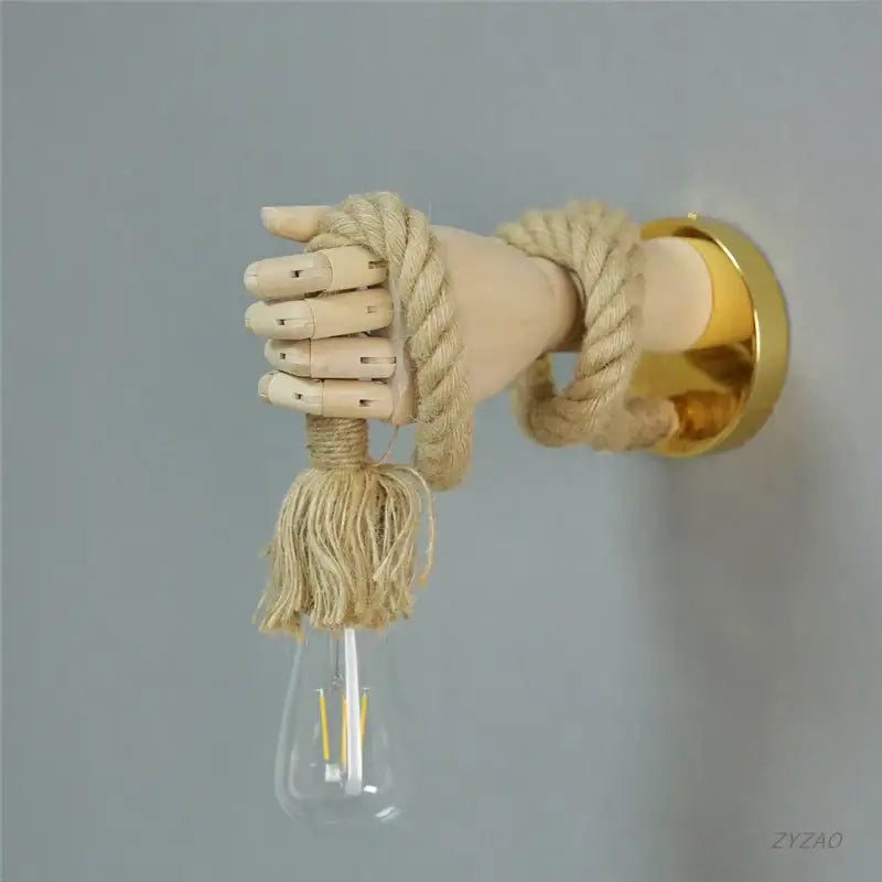 Rustic wooden hand shape hemp rope wall light for restaurant corridor