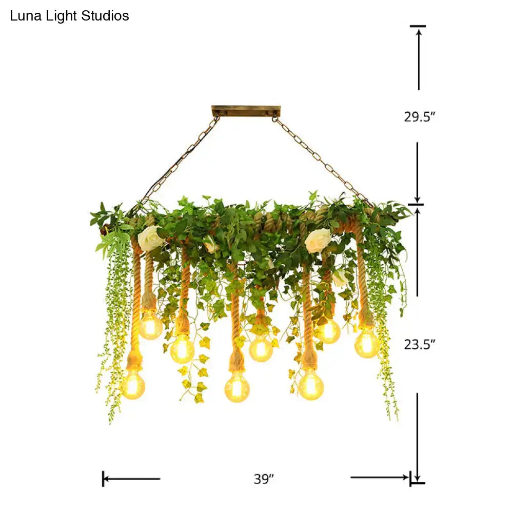 Rustic wooden island light fixture with decorative vines dining room