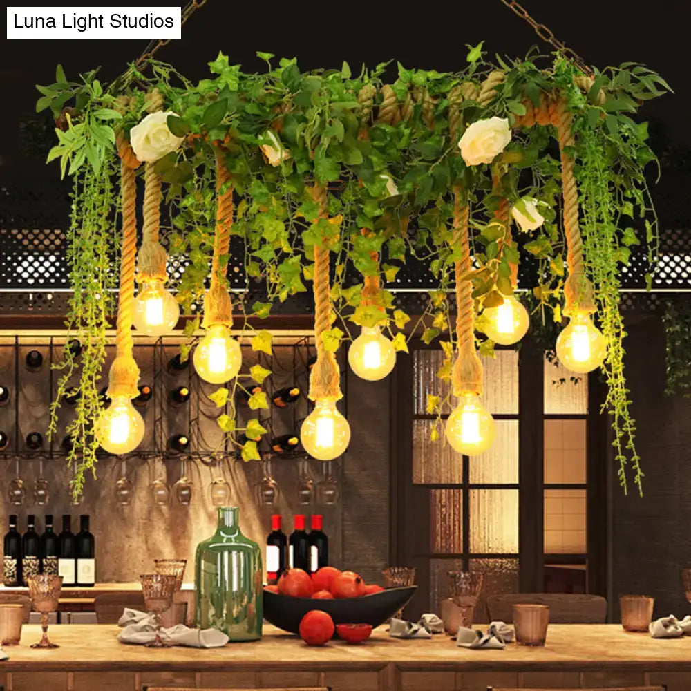 Rustic wooden island light fixture with decorative vines dining room