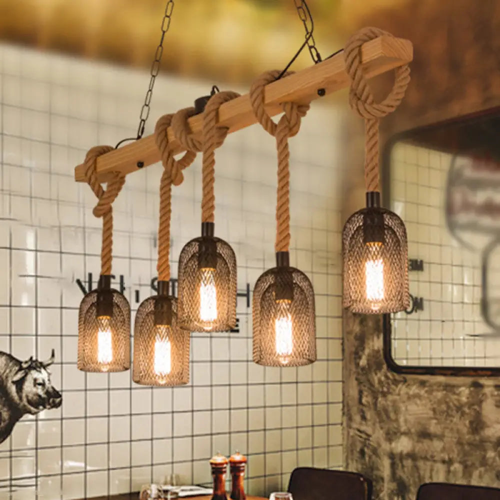 DecorBites™ Rustic Wooden Linear Island Lamp with Mesh Cage - Suspension Pendant Light for Restaurants