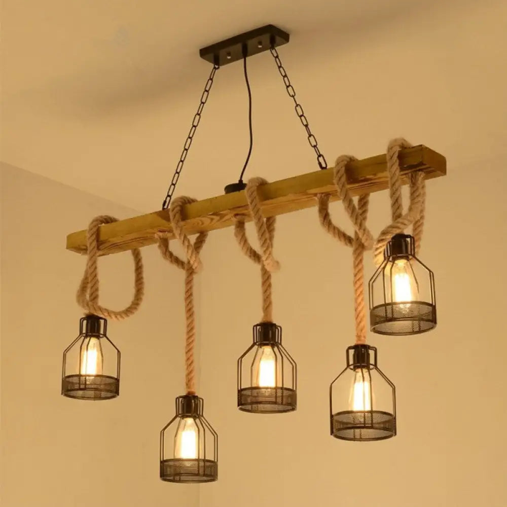 DecorBites™ Rustic Wooden Linear Island Lamp with Mesh Cage - Suspension Pendant Light for Restaurants