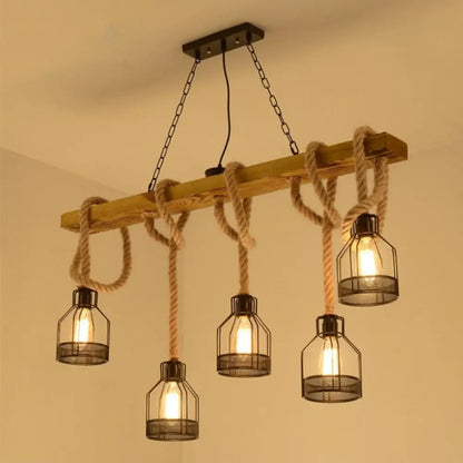 DecorBites™ Rustic Wooden Linear Island Lamp with Mesh Cage - Suspension Pendant Light for Restaurants