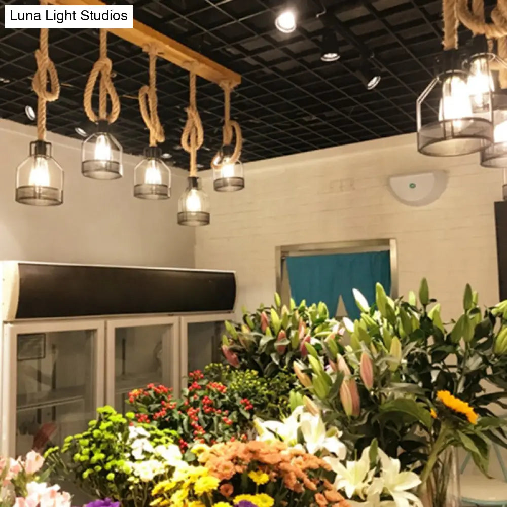 DecorBites™ Rustic Wooden Linear Island Lamp with Mesh Cage - Suspension Pendant Light for Restaurants