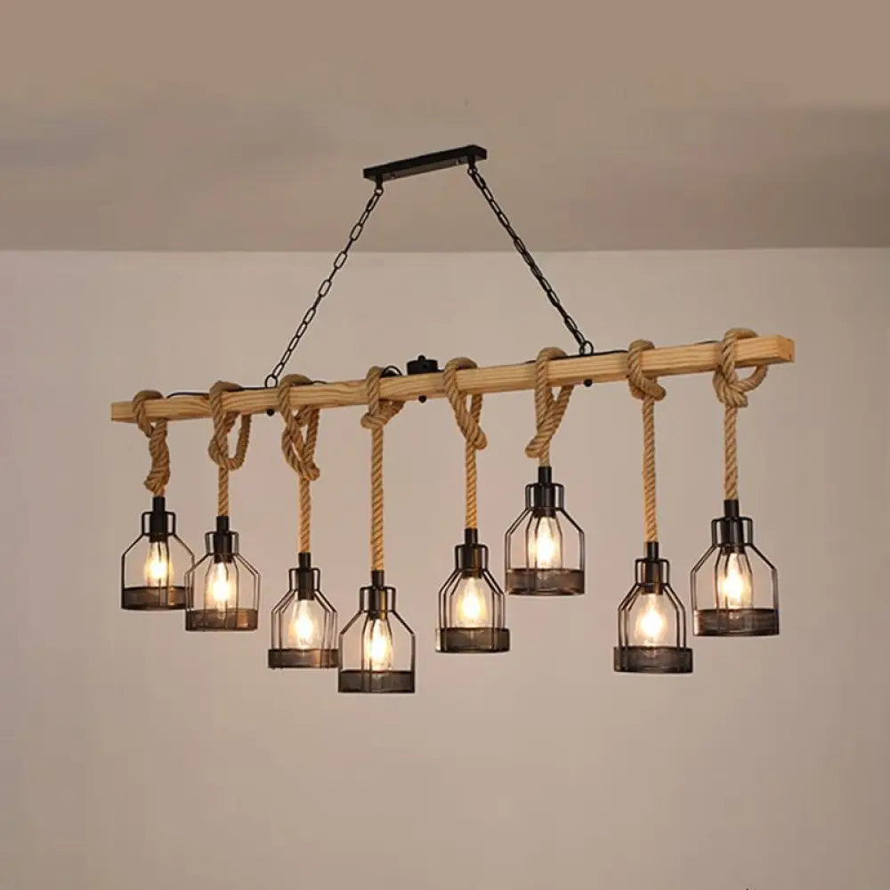 DecorBites™ Rustic Wooden Linear Island Lamp with Mesh Cage - Suspension Pendant Light for Restaurants