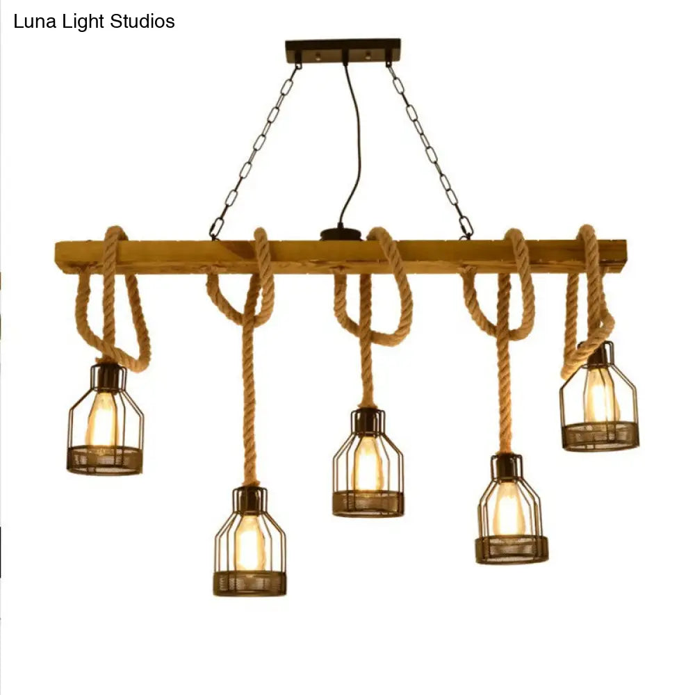 DecorBites™ Rustic Wooden Linear Island Lamp with Mesh Cage - Suspension Pendant Light for Restaurants