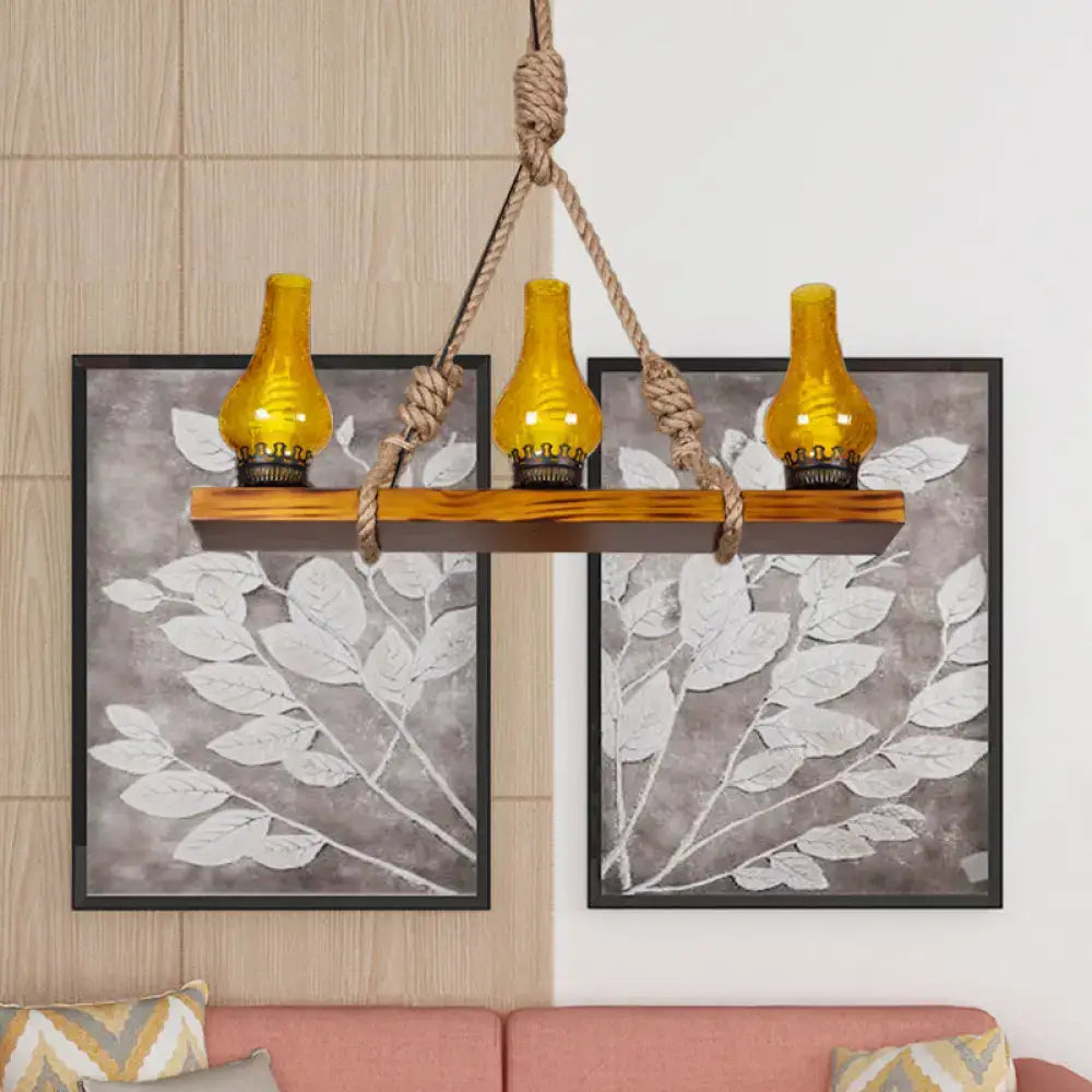 Rustic wooden linear island light with yellow cracked glass kitchen