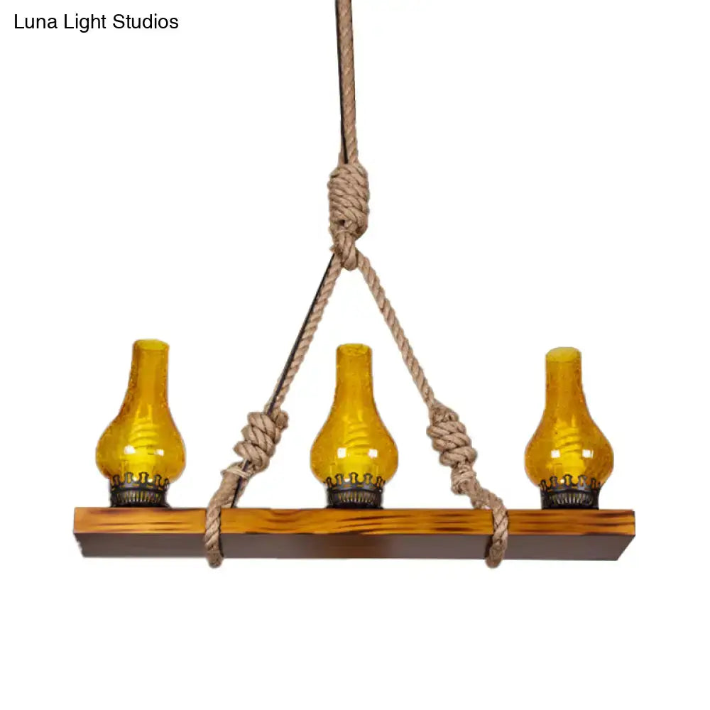 Rustic wooden linear island light with yellow cracked glass kitchen