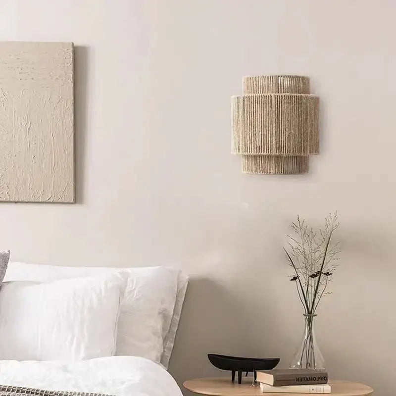Rustic woven hemp rope wall lights bedroom tiered sconce