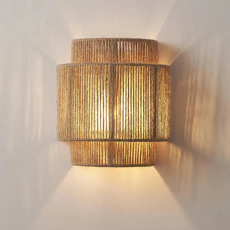 Rustic woven hemp rope wall lights bedroom tiered sconce