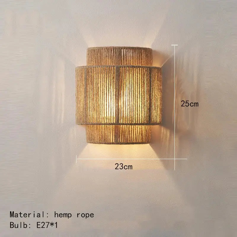Rustic woven hemp rope wall lights bedroom tiered sconce