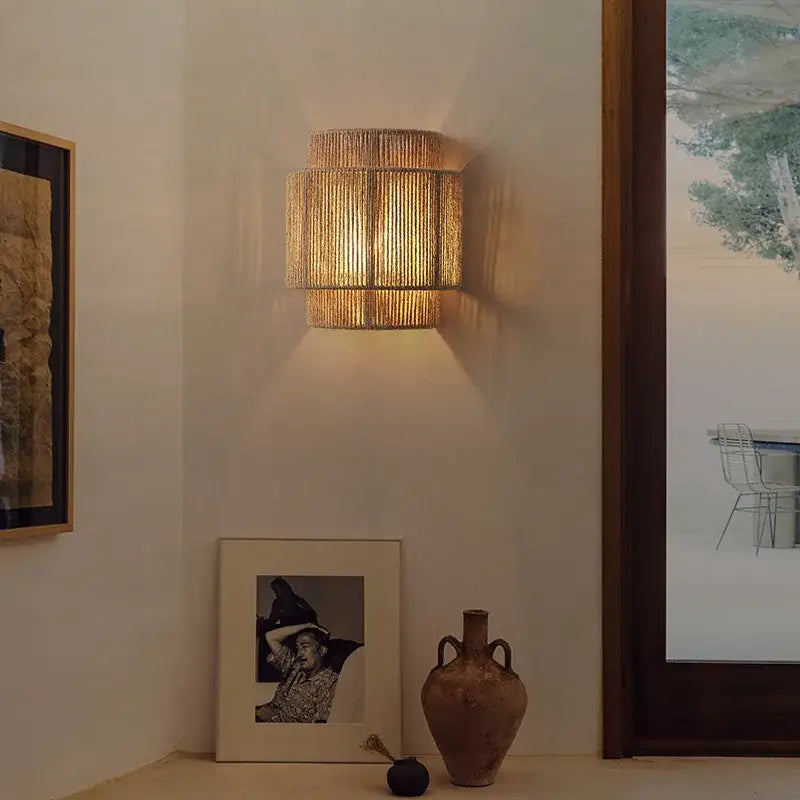 Rustic woven hemp rope wall lights bedroom tiered sconce