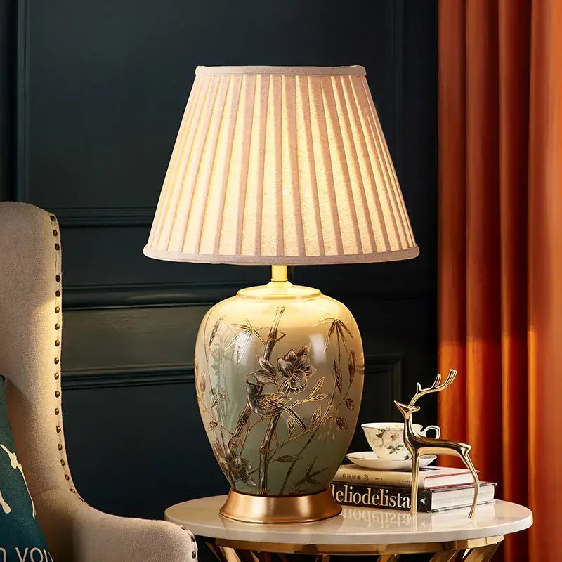 Sage green ceramic table lamp american style bedroom bamboo decor