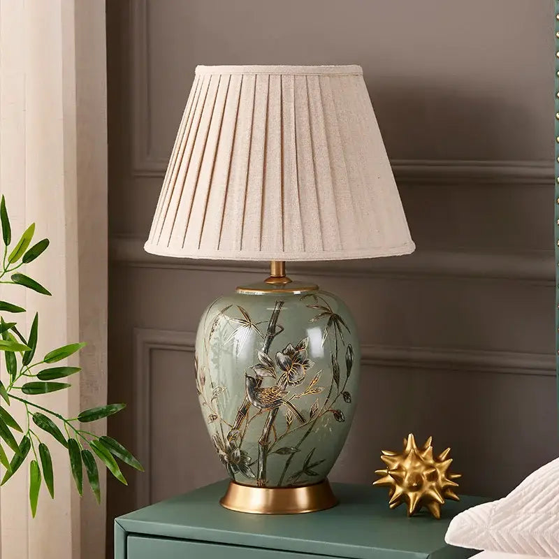 Sage green ceramic table lamp american style bedroom bamboo decor