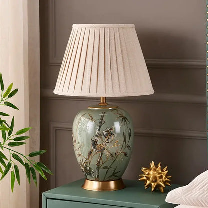 Sage green ceramic table lamp american style bedroom bamboo decor