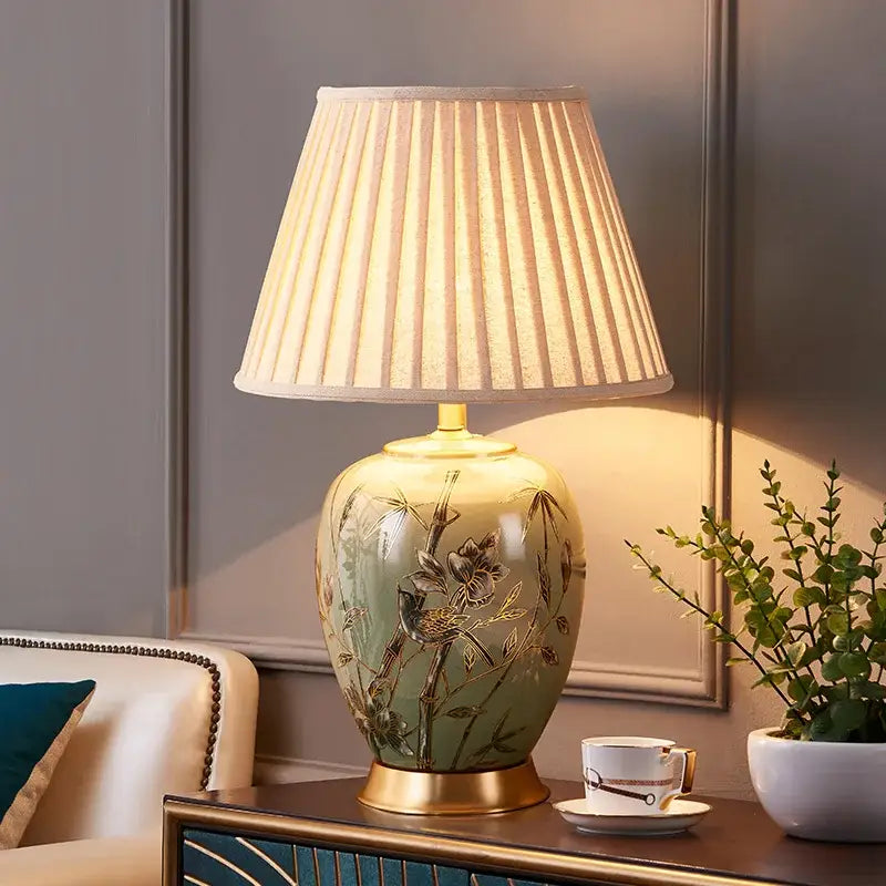 Sage green ceramic table lamp american style bedroom bamboo decor