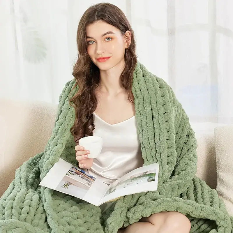 Sage green chunky knit cozy autumn fleece blanket bedroom throw