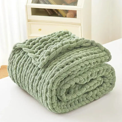 Sage green chunky knit cozy autumn fleece blanket bedroom throw