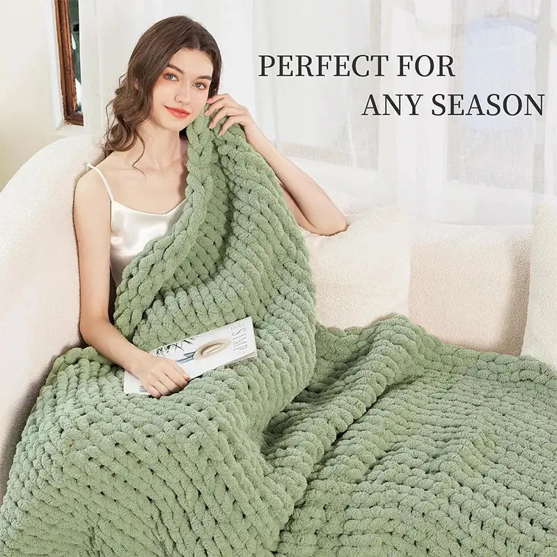 Sage green chunky knit cozy autumn fleece blanket bedroom throw