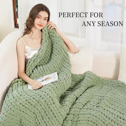 Sage green chunky knit cozy autumn fleece blanket bedroom throw