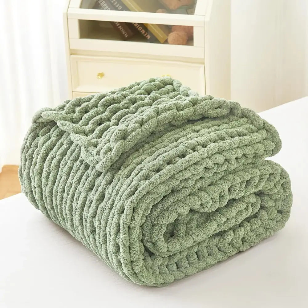 Sage green chunky knit cozy autumn fleece blanket bedroom throw